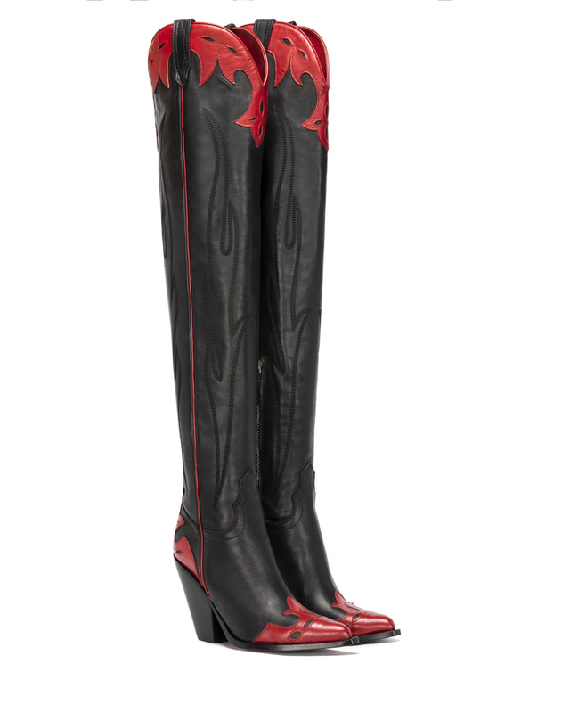 MELROSE Women's Over The Knee Boots in Black and Red Nappa Calf | On Tone Embroidery
